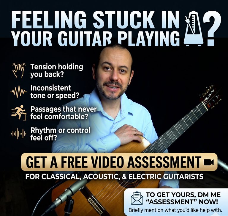 Free video assessment invitation for guitarists featuring Dr. Costa holding a guitar